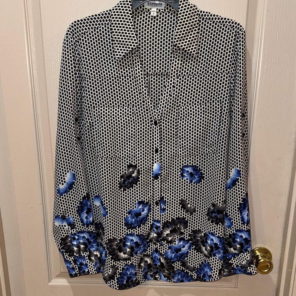 Express Black and White Blouse with Blue Floral Design